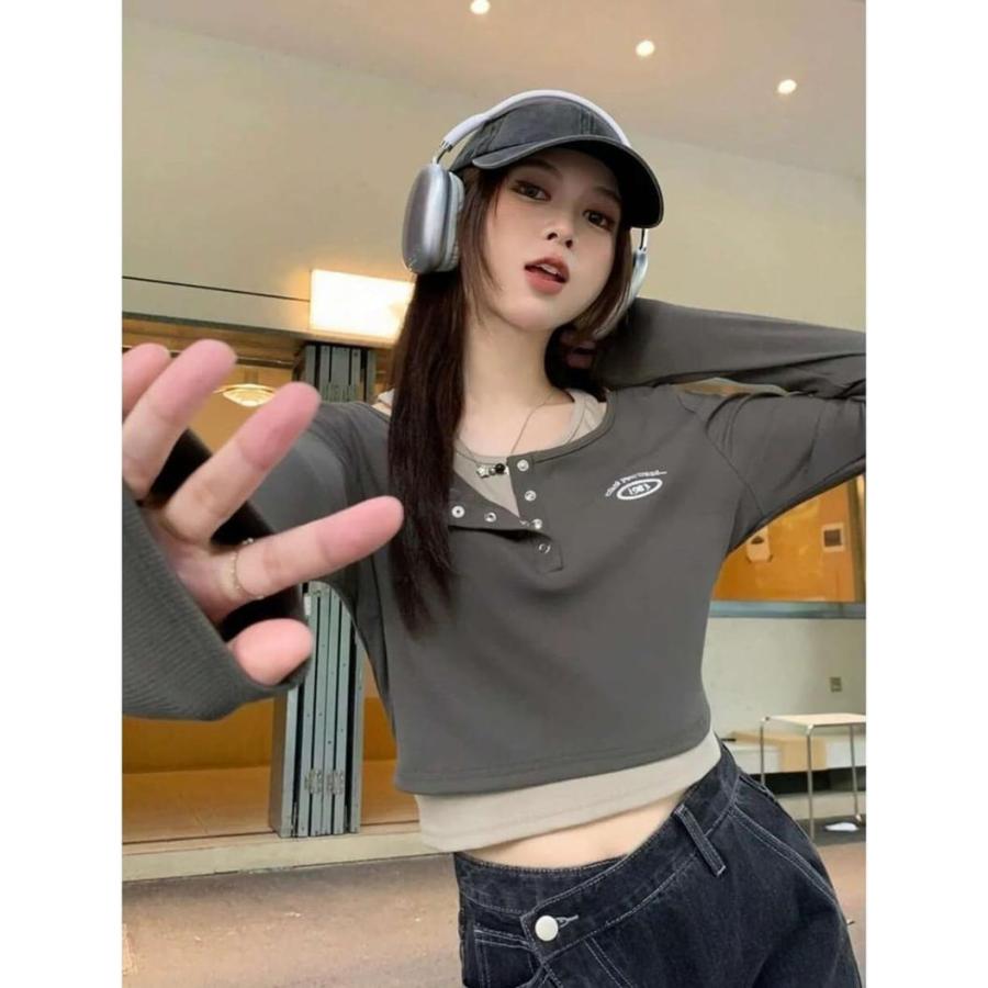 長袖Tシャツ レディース 重ね着風 カットソー ショート丈 Y2K フェイク