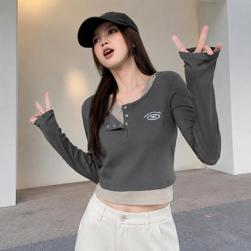 長袖Tシャツ レディース 重ね着風 カットソー ショート丈 Y2K フェイク