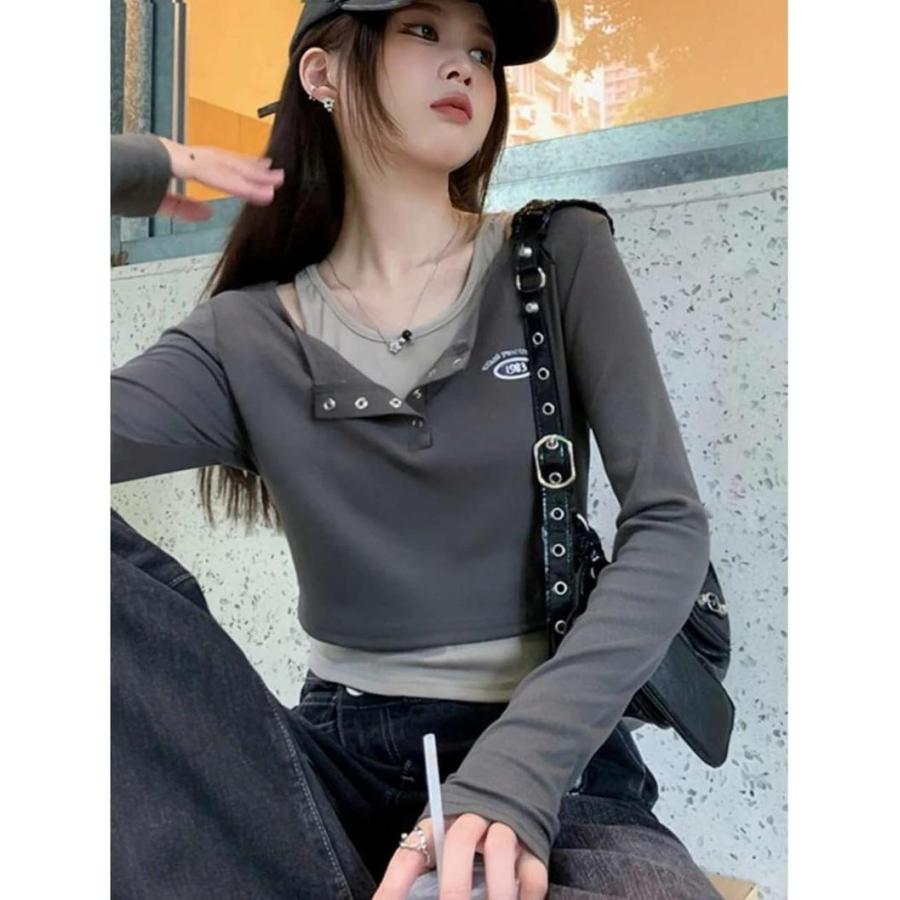 長袖Tシャツ レディース 重ね着風 カットソー ショート丈 Y2K フェイク