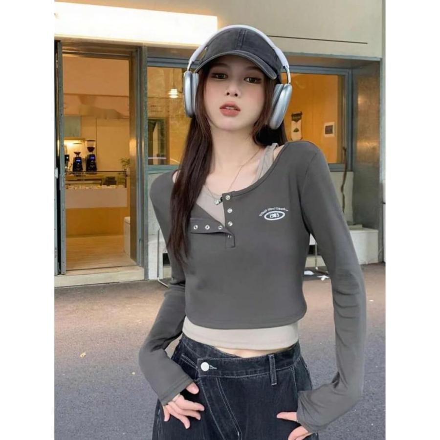 長袖Tシャツ レディース 重ね着風 カットソー ショート丈 Y2K フェイク