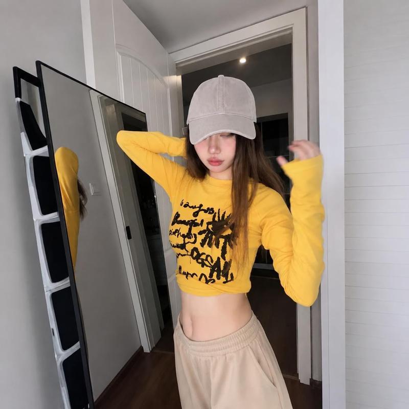 ロンT レディース クロップド丈 長袖 Tシャツ Y2K ストリート タイト