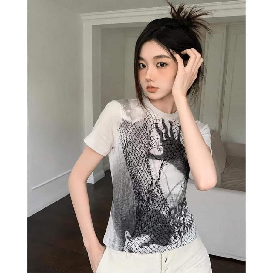 Tシャツ レディース 半袖 へそ出し クロップド丈 抽象 グラフィック