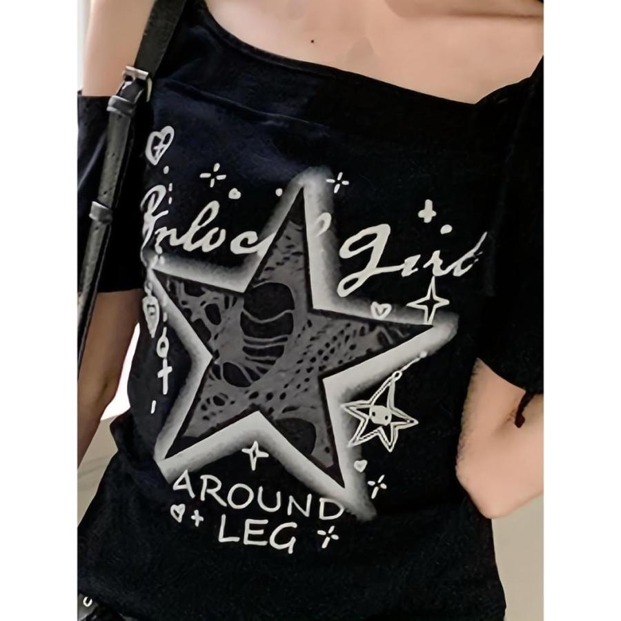 Tシャツ レディース 半袖 地雷系 量産系 肩出し フェイクレイヤード 星 