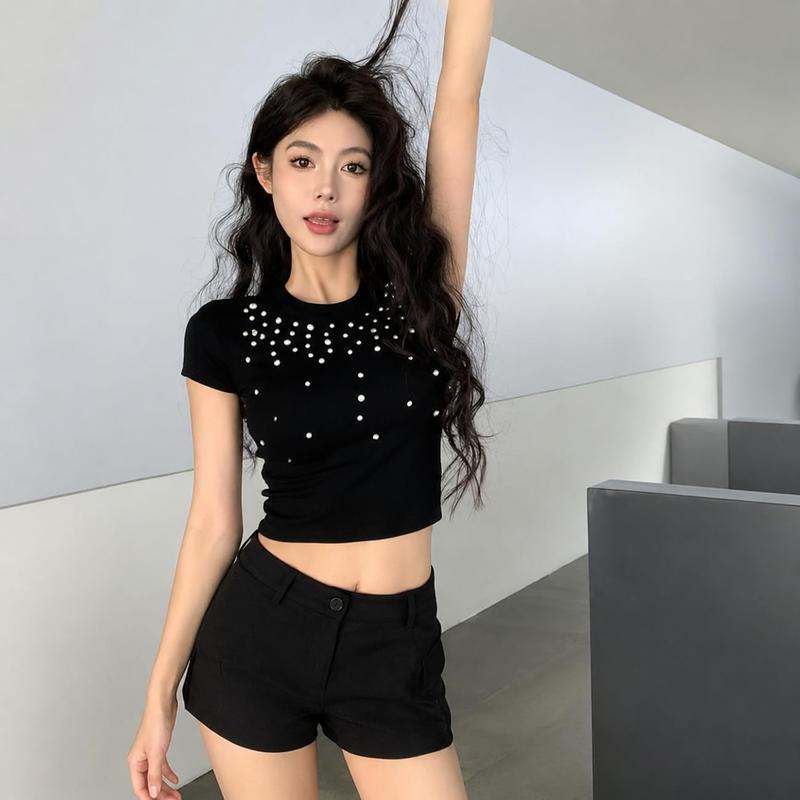 Tシャツ レディース 半袖 クロップド丈 ラインストーン ビジュー