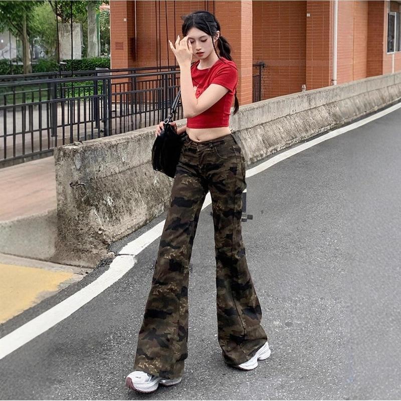 迷彩パンツ レディース フレアパンツ ベルボトム ローライズ 美脚 