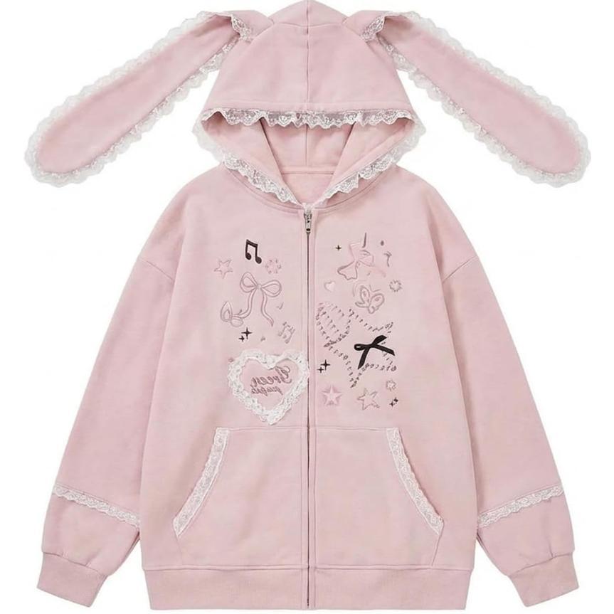 トゥララ♡はしごリボンレース姫系パーカー♡y2kピンク♡ うさ耳 パーカー ジップアップ レディース 地雷系 量産型 原宿系