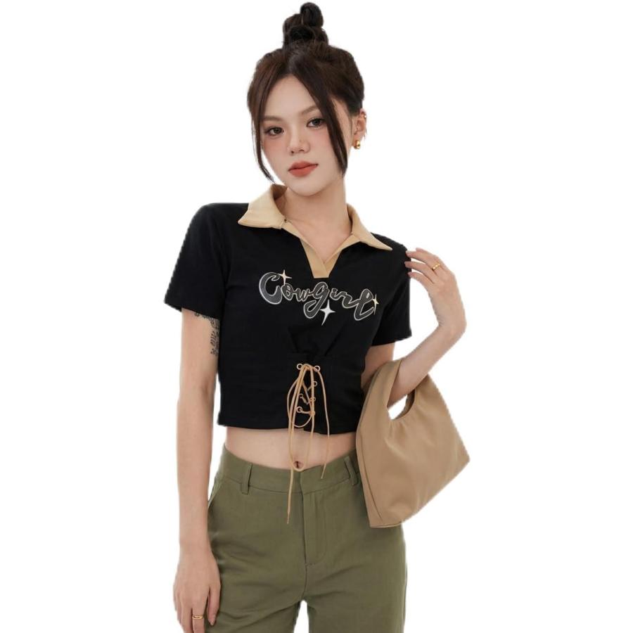 ポロシャツ レディース 半袖 Tシャツ Vネック クロップド丈 へそ出し