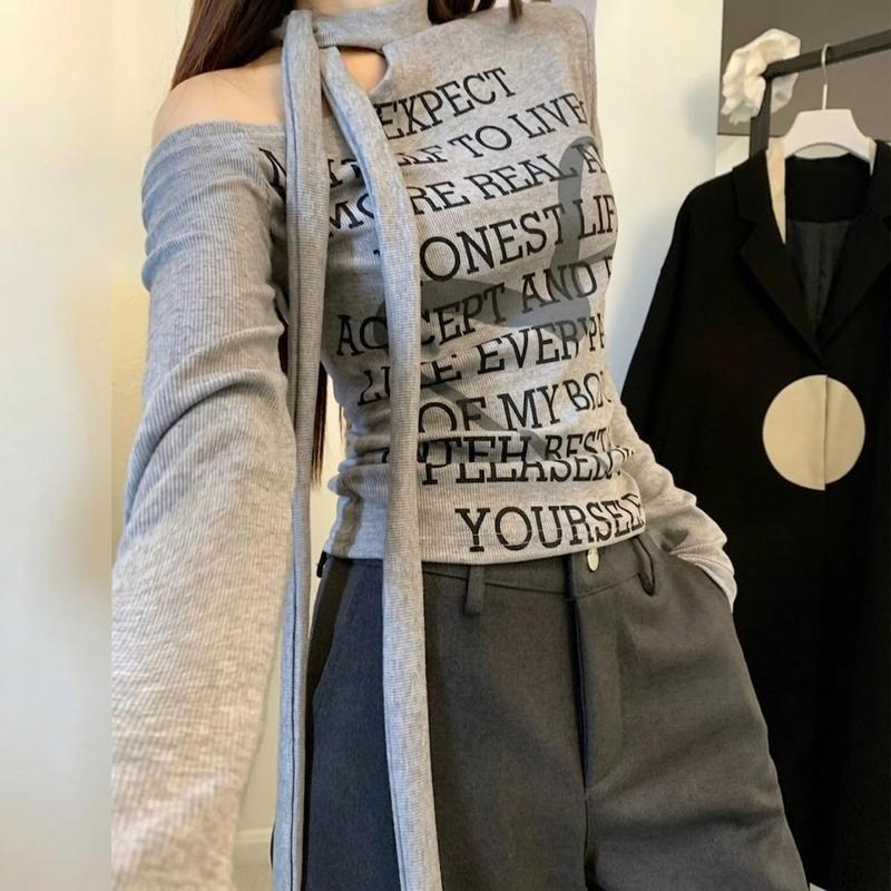 カットソー レディース 長袖 肩出し アシンメトリー タイト Tシャツ