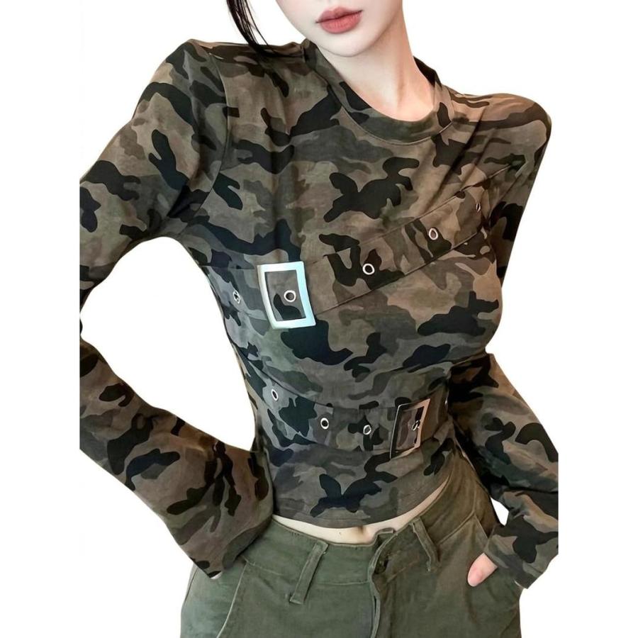 迷彩柄 Tシャツ レディース 長袖 カットソー タイト スリム トップス