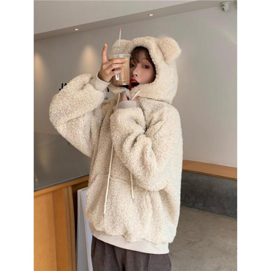 パーカー レディース くま耳 フード付き もこもこ ボア フーディー 