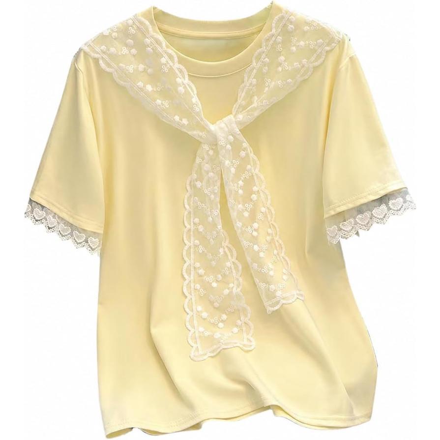 Tシャツ レディース 半袖 レース セーラーカラー風 カットソー 可愛い 