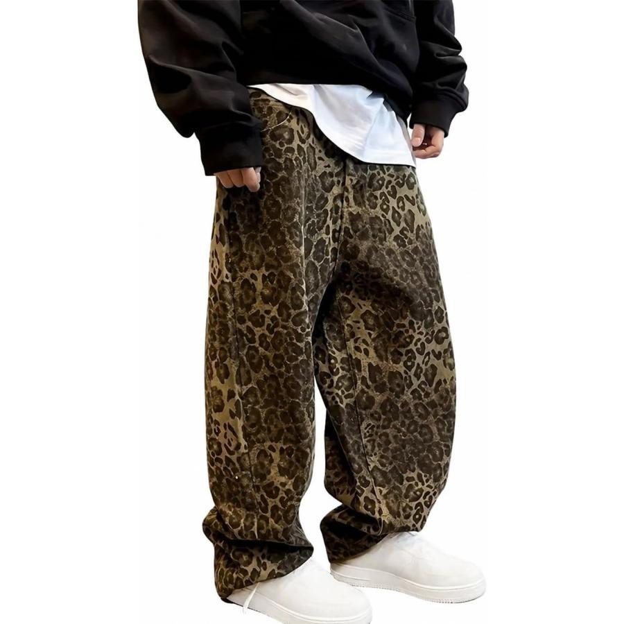 ヒョウ柄 デニムパンツ メンズ ワイドパンツ レオパード ジーンズ