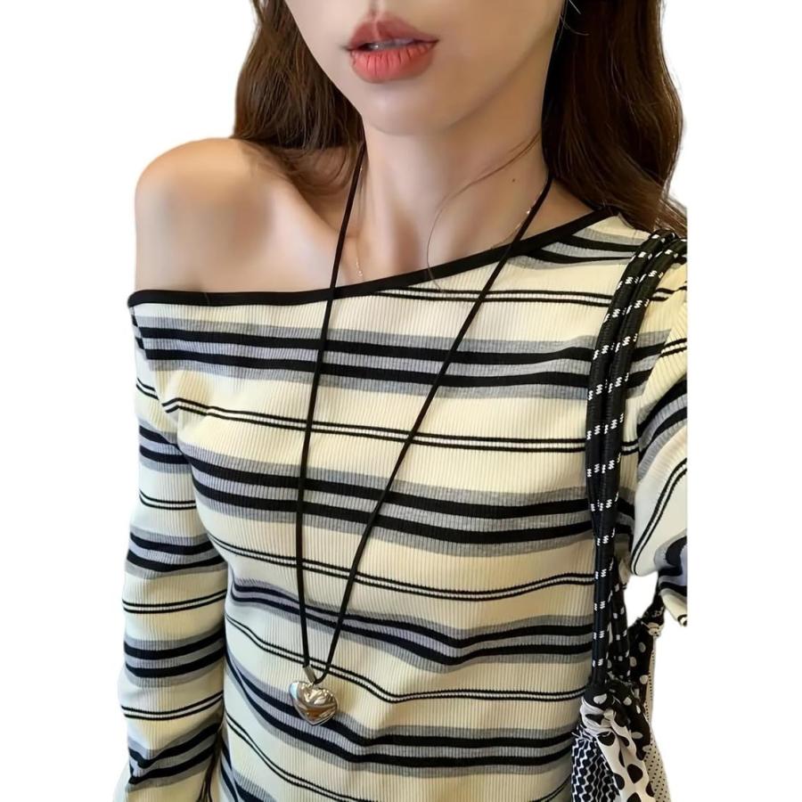 オフショルダー Tシャツ レディース 長袖 ボーダー アシンメトリー 肩