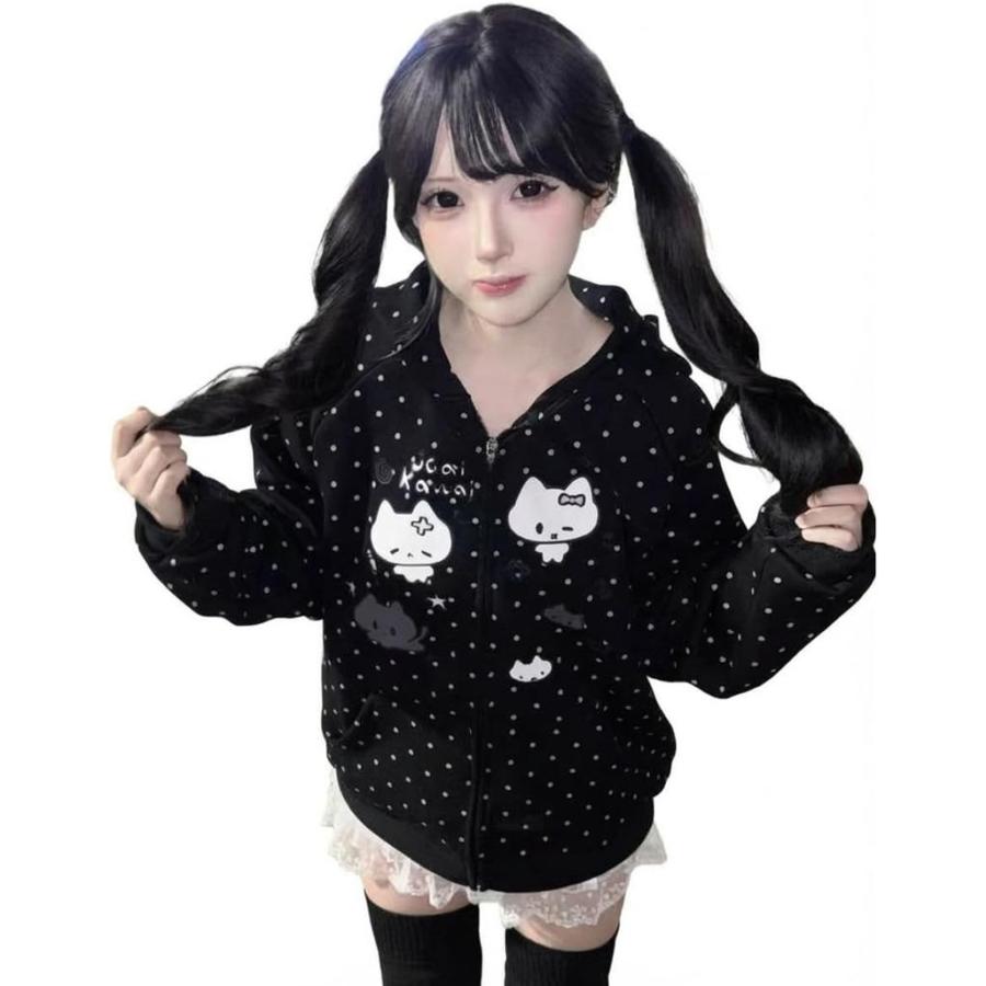 ぐ*様 DONK ドット柄 猫プリント パーカー Sサイズ 猫耳 パーカー ジップアップ レディース サブカル 地雷系 ドット柄 猫