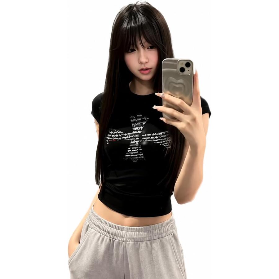 Tシャツ レディース 半袖 Y2K 十字架 ラインストーン へそ出し チビT