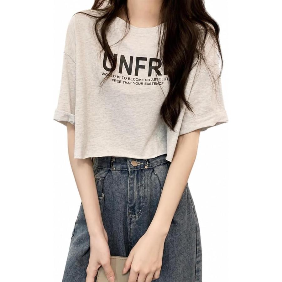 Tシャツ レディース 半袖 ショート丈 クロップド丈 ロゴT 英字プリント
