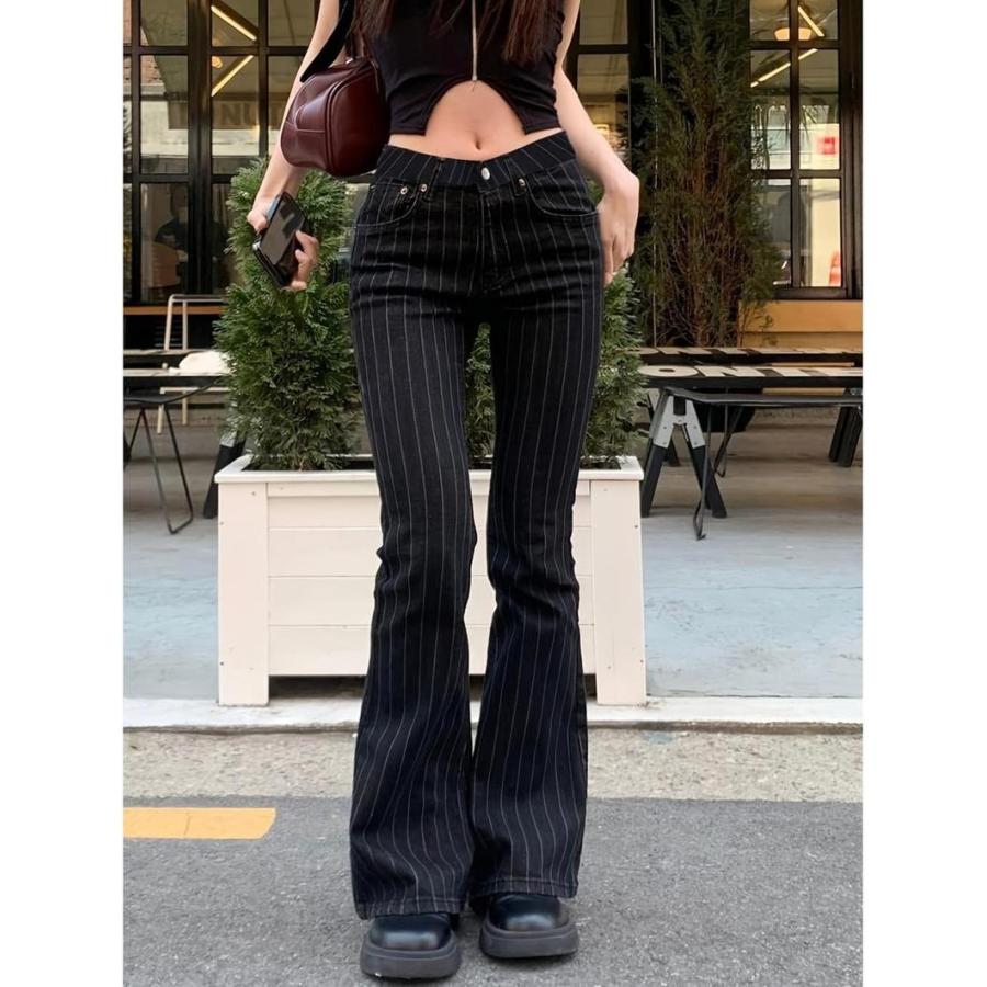フレアパンツ レディース ストライプ ローライズ ベルボトム 美脚 脚長