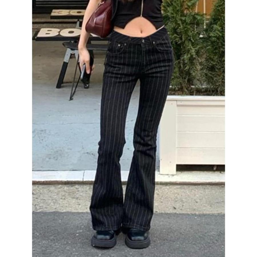 フレアパンツ レディース ストライプ ローライズ ベルボトム 美脚 脚長 