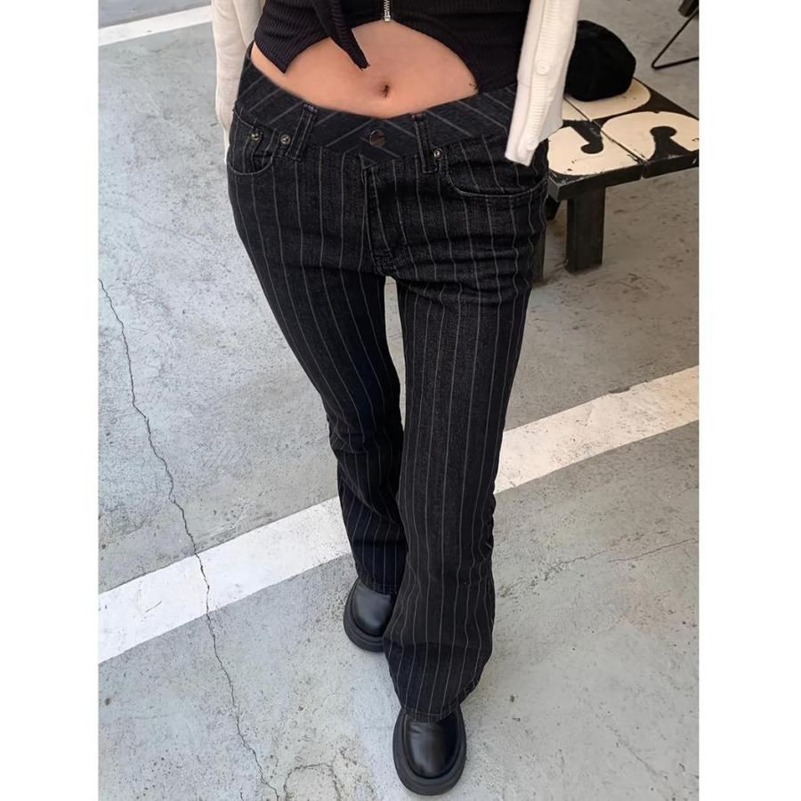 フレアパンツ レディース ストライプ ローライズ ベルボトム 美脚 脚長 