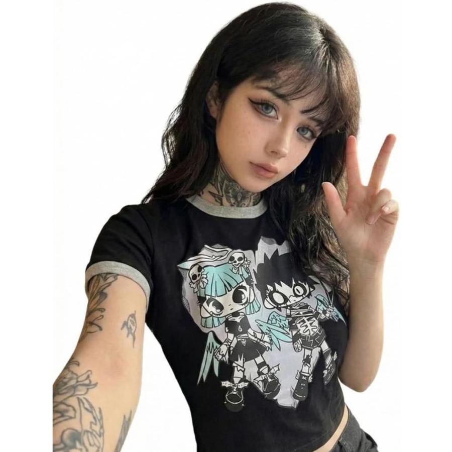 Tシャツ レディース 地雷系 アニメプリント トップス ショート丈 へそ