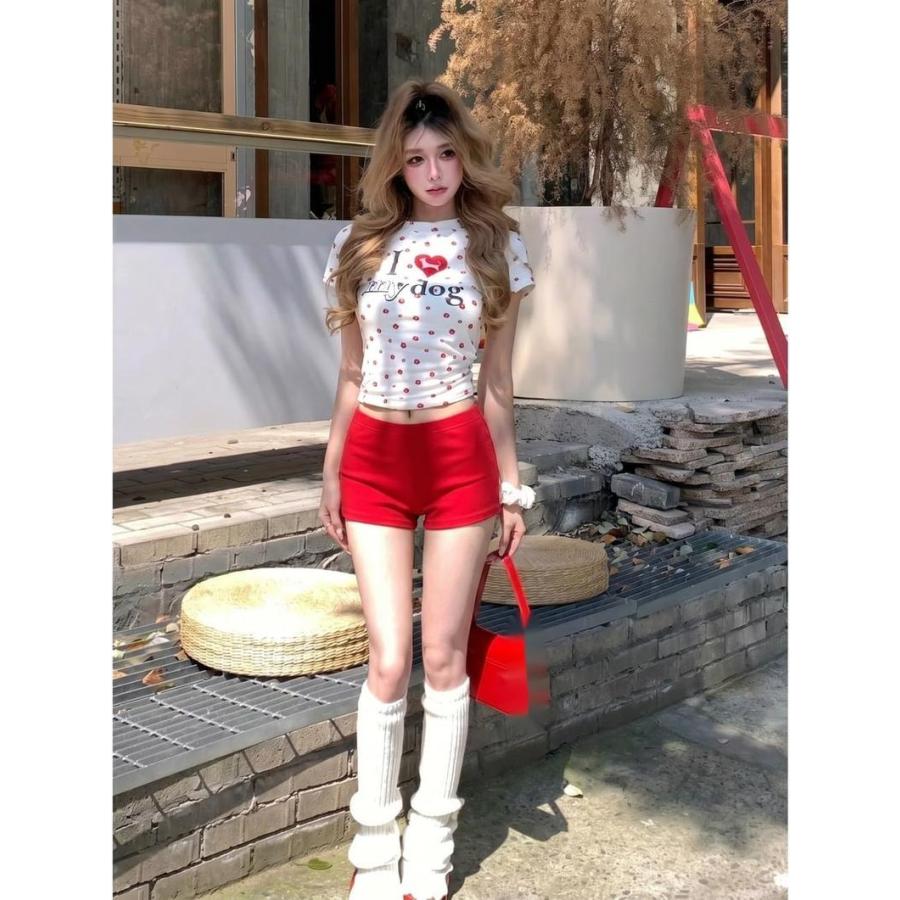 ギャル Tシャツ へそ出し クロップド丈 タイト 半袖 チビT ハート 犬 