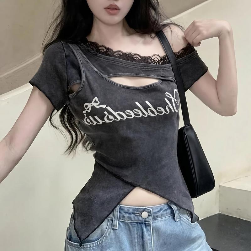 Tシャツ レディース 半袖 カットアウト 胸開き レース切替 ロゴ