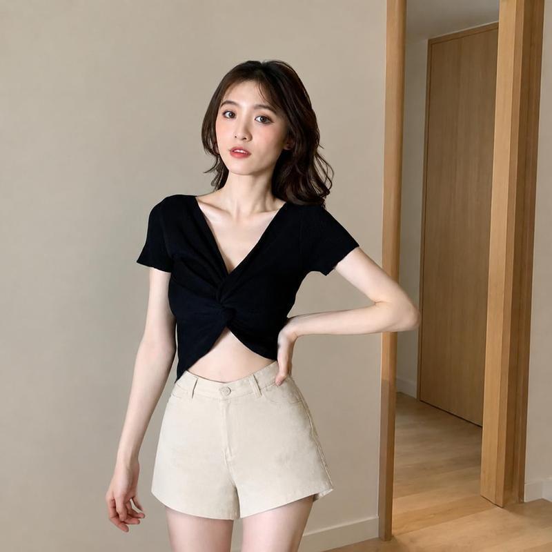 Vネック フロントクロス Tシャツ レディース 半袖 ニット タイト