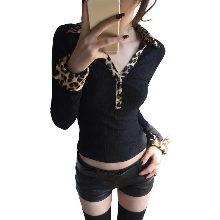 d.i.a. レオパード柄切り替え 長袖カットソー 長袖 Tシャツ レディース レオパード柄 襟付き Vネック ヒョウ柄