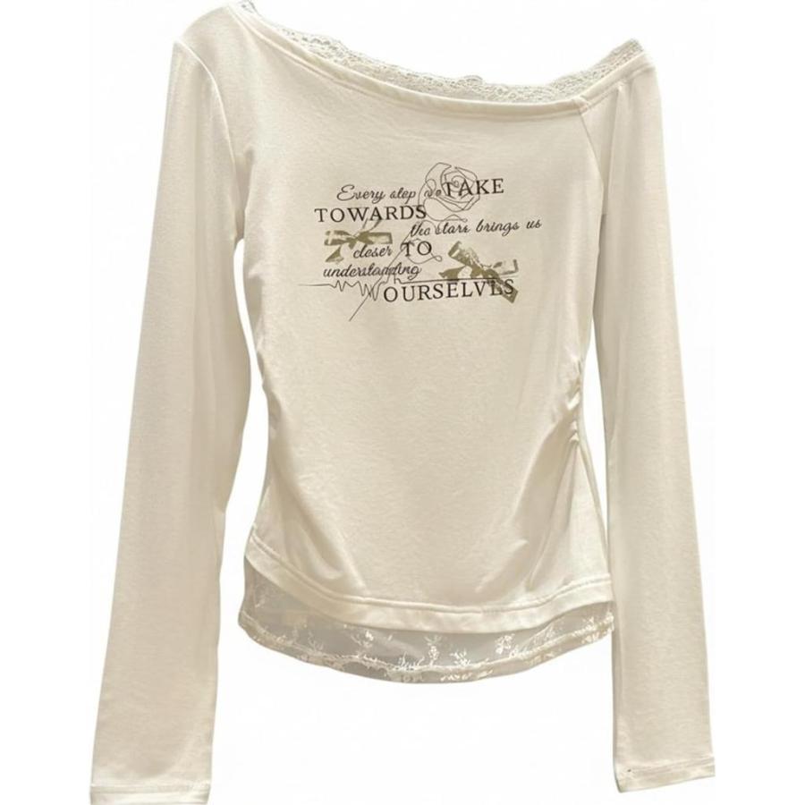 R*0様 d.i.a 平成ギャル y2k ティールカラー オフショルダー長袖トッ Tシャツ レディース Y2K オフショルダー レース 重ね着風 カットソー