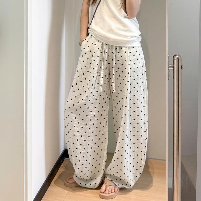 ワイドパンツ レディース ドット柄 水玉 涼しい イージーパンツ ハイ