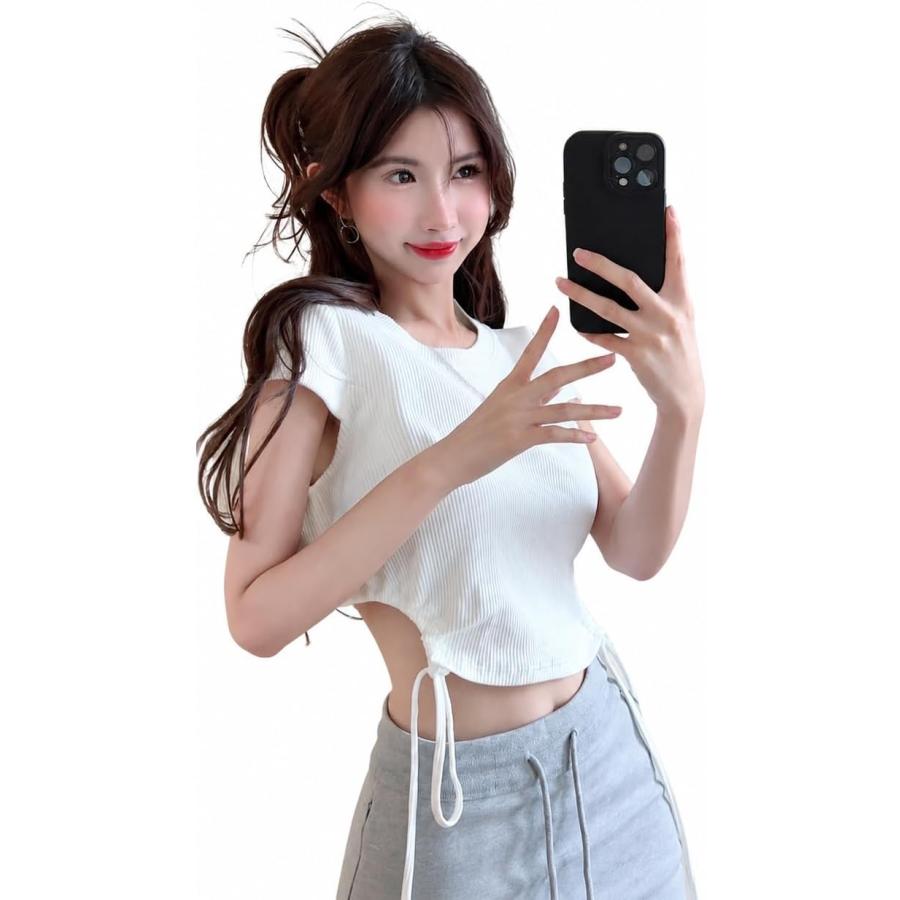 Tシャツ 半袖 レディース ショート丈 リブ シャーリング 背中あき へそ