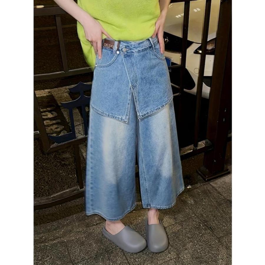 デニム ワイドパンツ レディース アシンメトリー ガウチョパンツ 七分