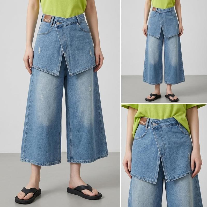 デニム ワイドパンツ レディース アシンメトリー ガウチョパンツ 七分