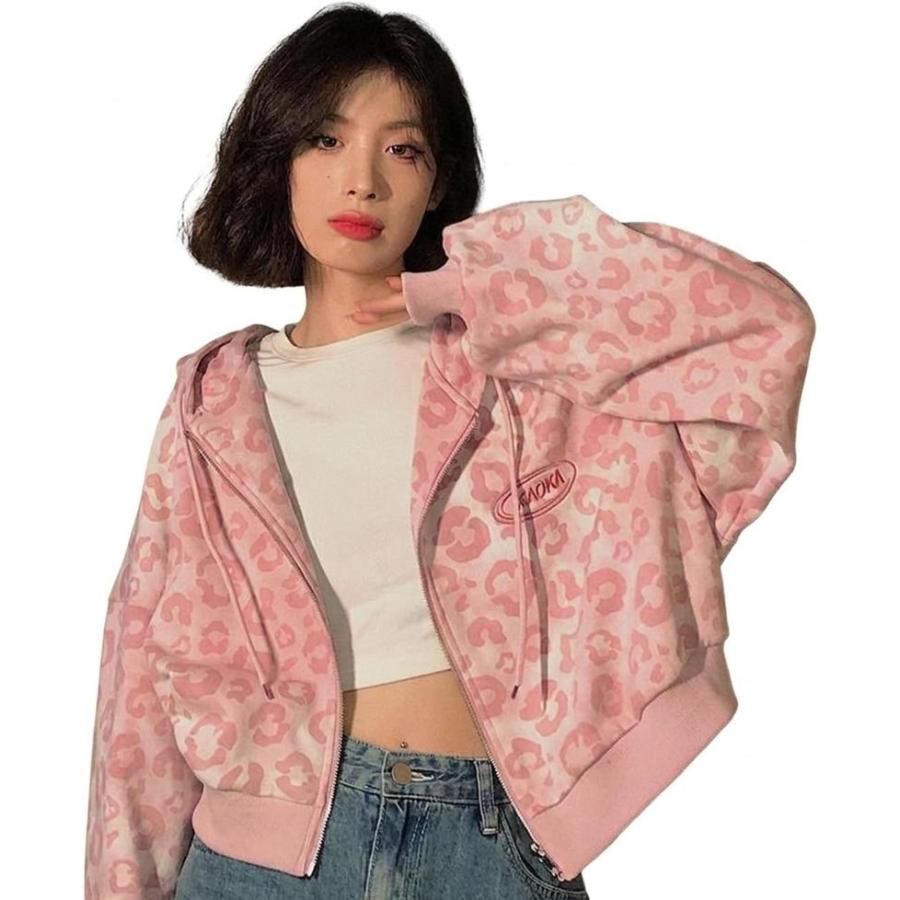 パーカー レディース ジップアップ ヒョウ柄 ショート丈 レオパード