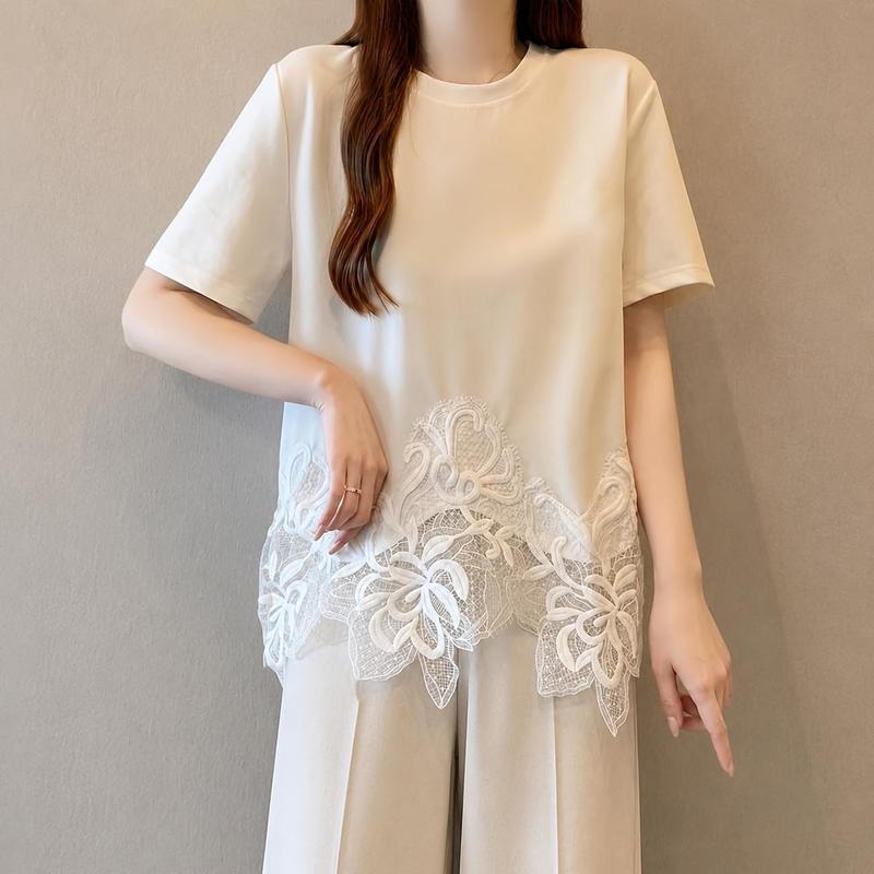 Tシャツ レディース 半袖 裾レース カットソー 綿100% トップス クルー 