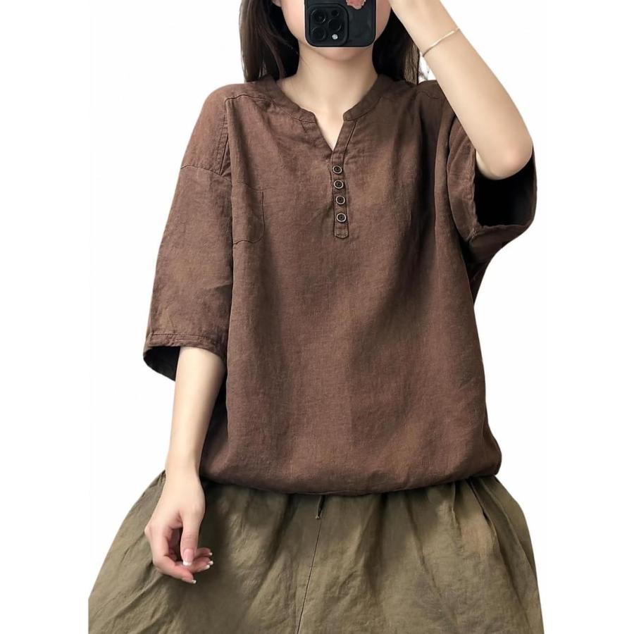 綿麻シャツ レディース キーネック 五分袖 ブラウス リネン プルオーバー ゆったり tシャツ トップス 無地 ヘンリーネック カジュアル