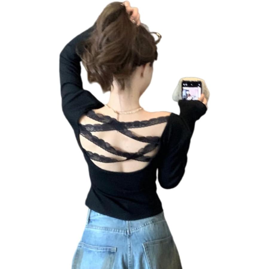 長袖 tシャツ レディース 韓国風 セクシー 背中あき バックオープン