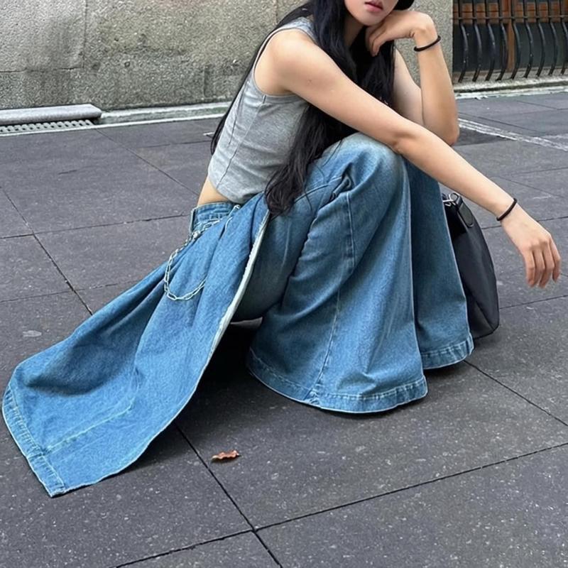 デニムパンツ レディース レイヤード 重ね着風 ジーンズ ワイドパンツ