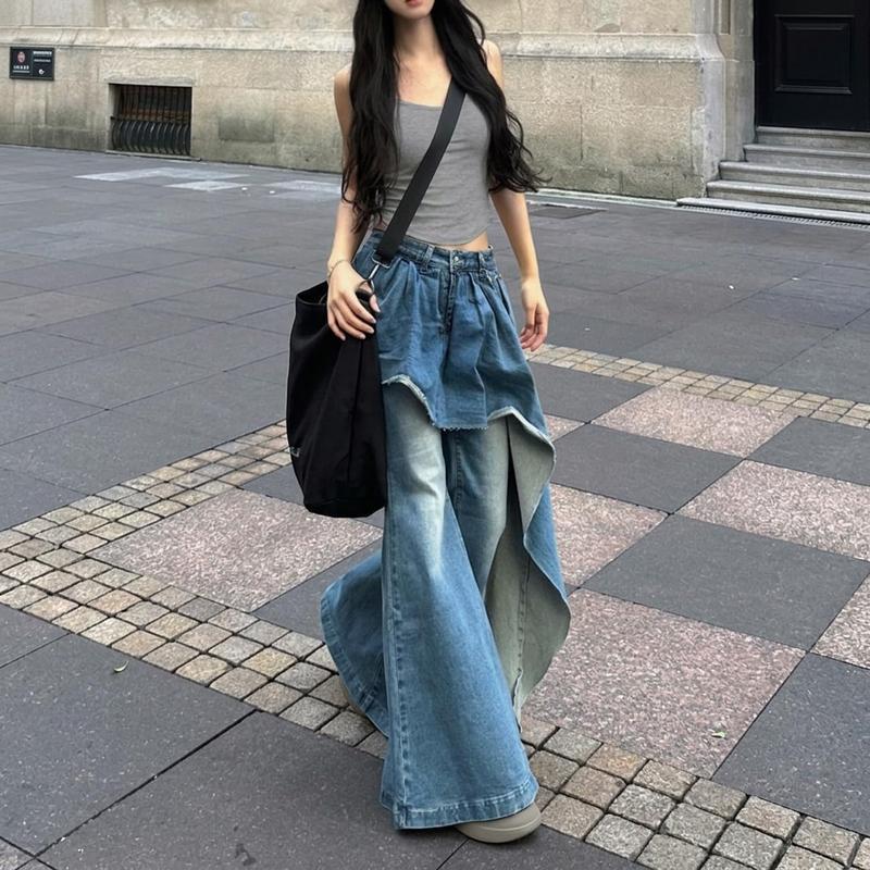 デニムパンツ レディース レイヤード 重ね着風 ジーンズ ワイドパンツ