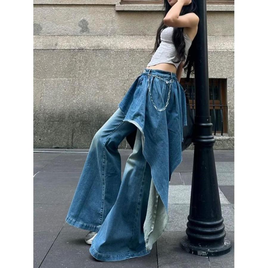 デニムパンツ レディース レイヤード 重ね着風 ジーンズ ワイドパンツ