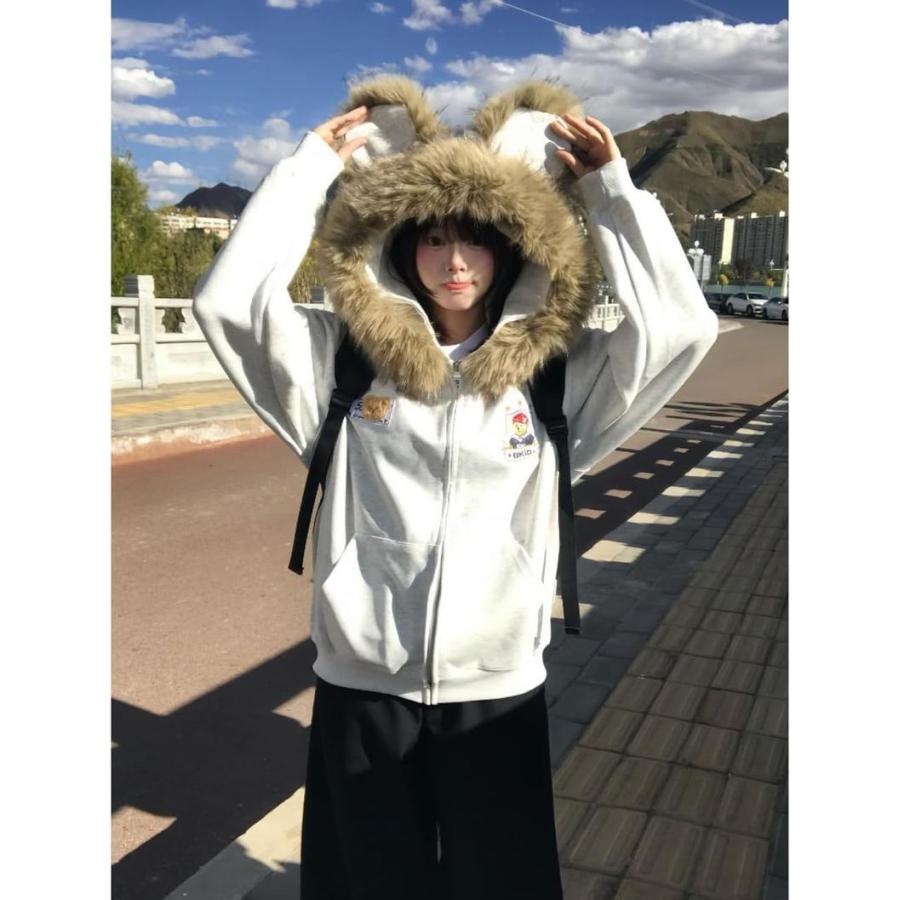 パーカー レディース ジップアップ フーディー くま耳 フェイクファー