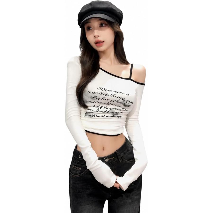 レディース ワンショルダー 長袖Tシャツ 英字プリント ショート丈
