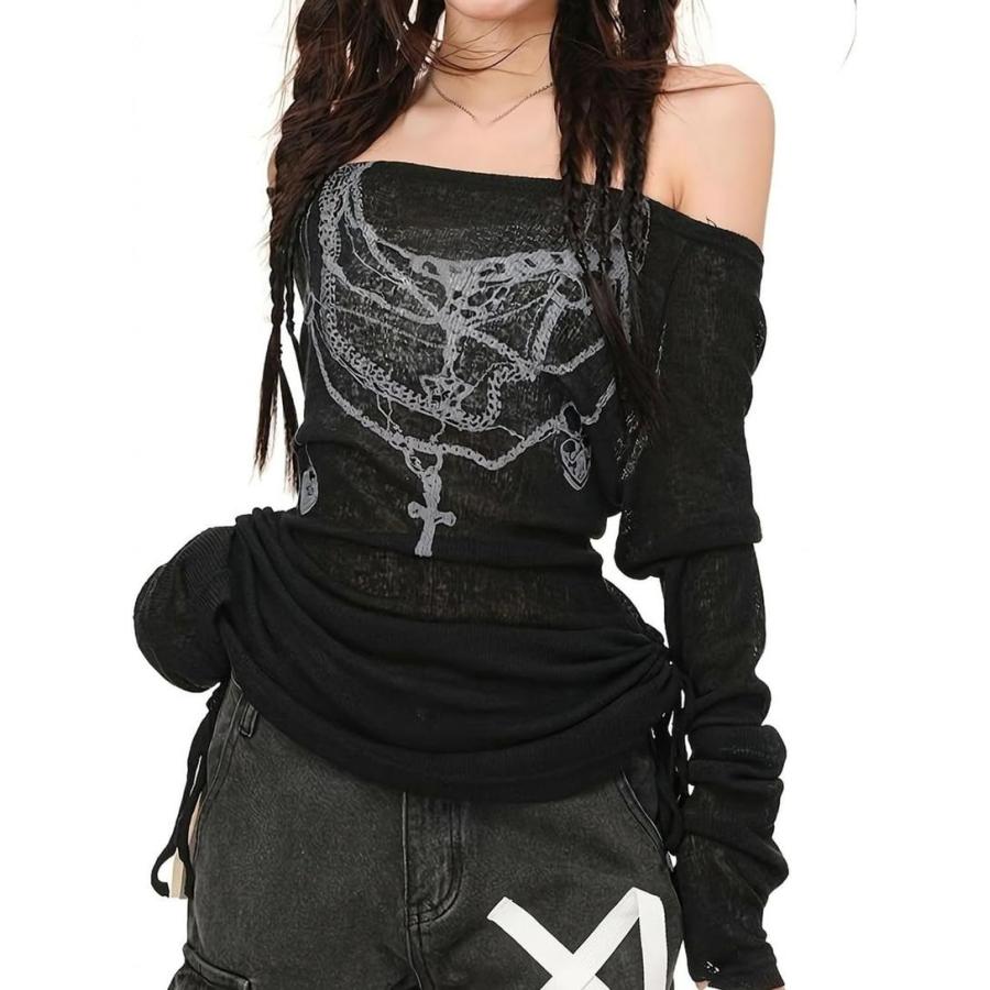 MISS ME 十字架 ゴシック装飾ロンT Y2K JULIUS系 ドレープ オフショルダー Tシャツ レディース 長袖 Y2K 透け感 シアー トップス