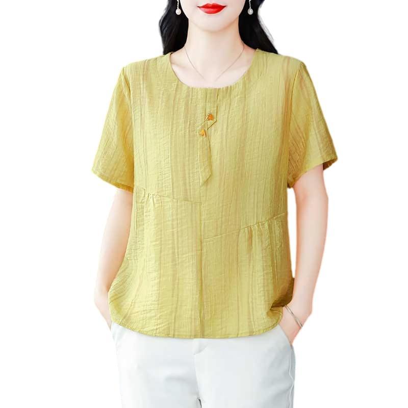 シャツ ブラウス レディース 半袖 丸首 綿麻 とろみ トップス 薄手 夏服 秋服 リネンシャツ 上質 可愛いボタン ファッション 可愛い