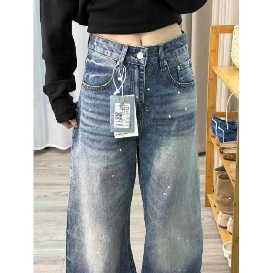 デニムパンツ ワイドパンツ ジーンズ ペイント加工 バギーパンツ 