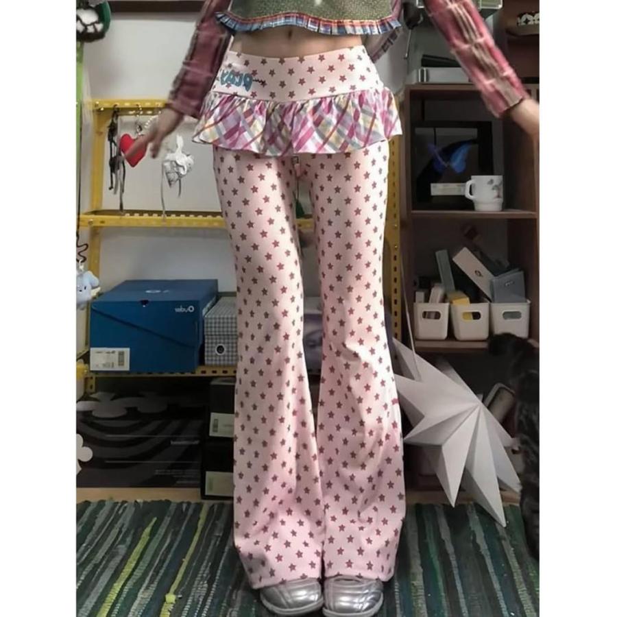 レイヤード風 ベルボトム レディース Y2K 星柄 スカート付き パンツ