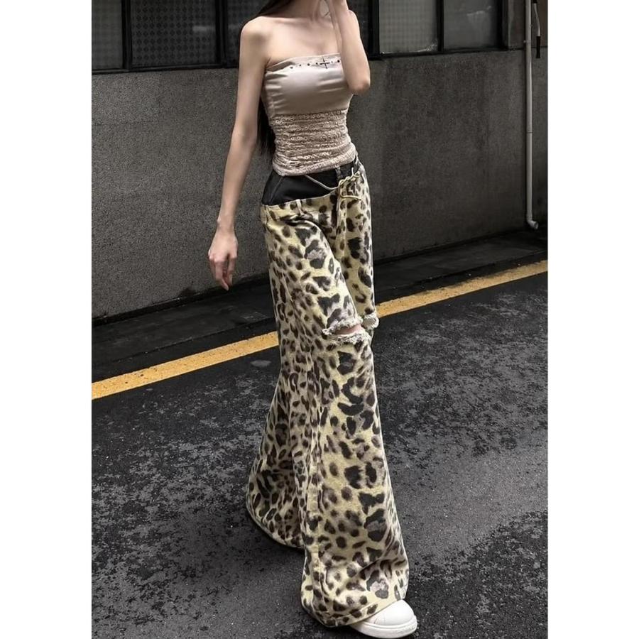 ヒョウ柄 デニム パンツ レディース ダメージ ジーンズ レオパード柄