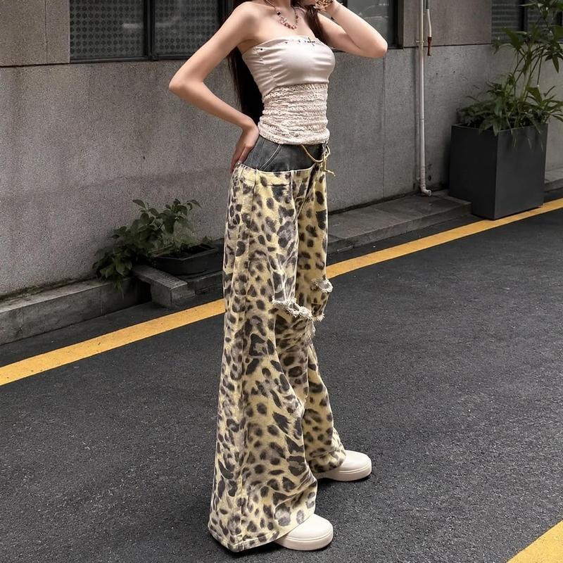 ヒョウ柄 デニム パンツ レディース ダメージ ジーンズ レオパード柄