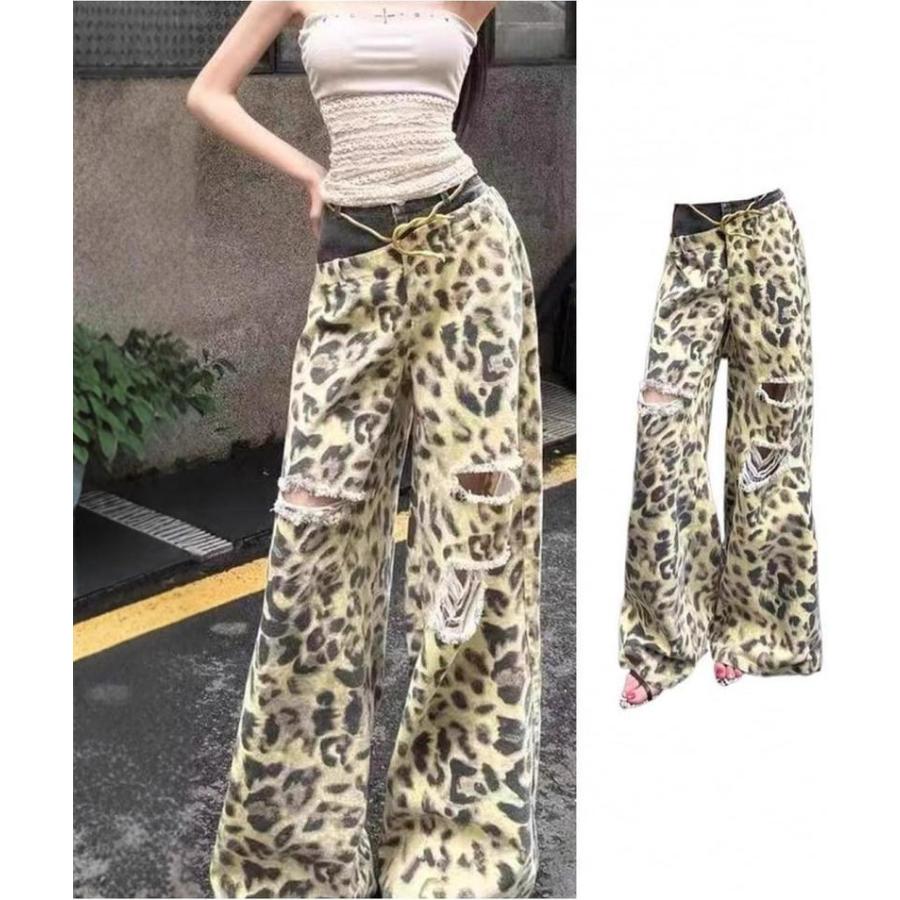 ヒョウ柄 デニム パンツ レディース ダメージ ジーンズ レオパード柄 