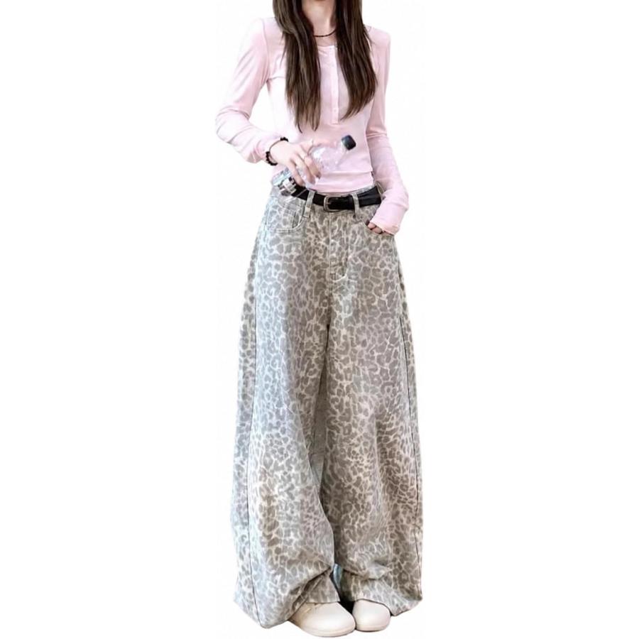 デニムパンツ レディース ヒョウ柄 ワイドパンツ ハイウエスト 